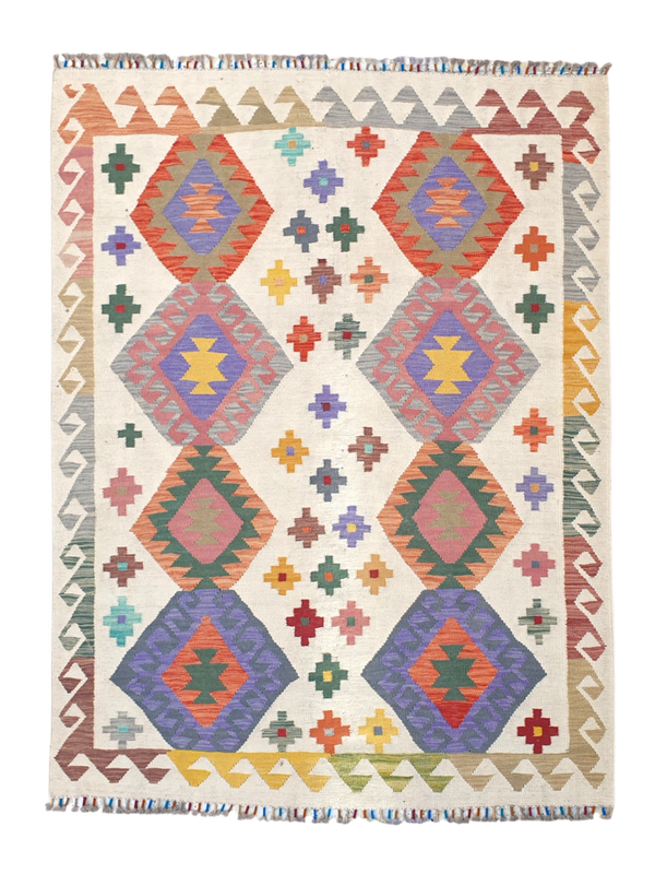 Tapis Kilim Géométrique 193x147 multicolore tissé en laine