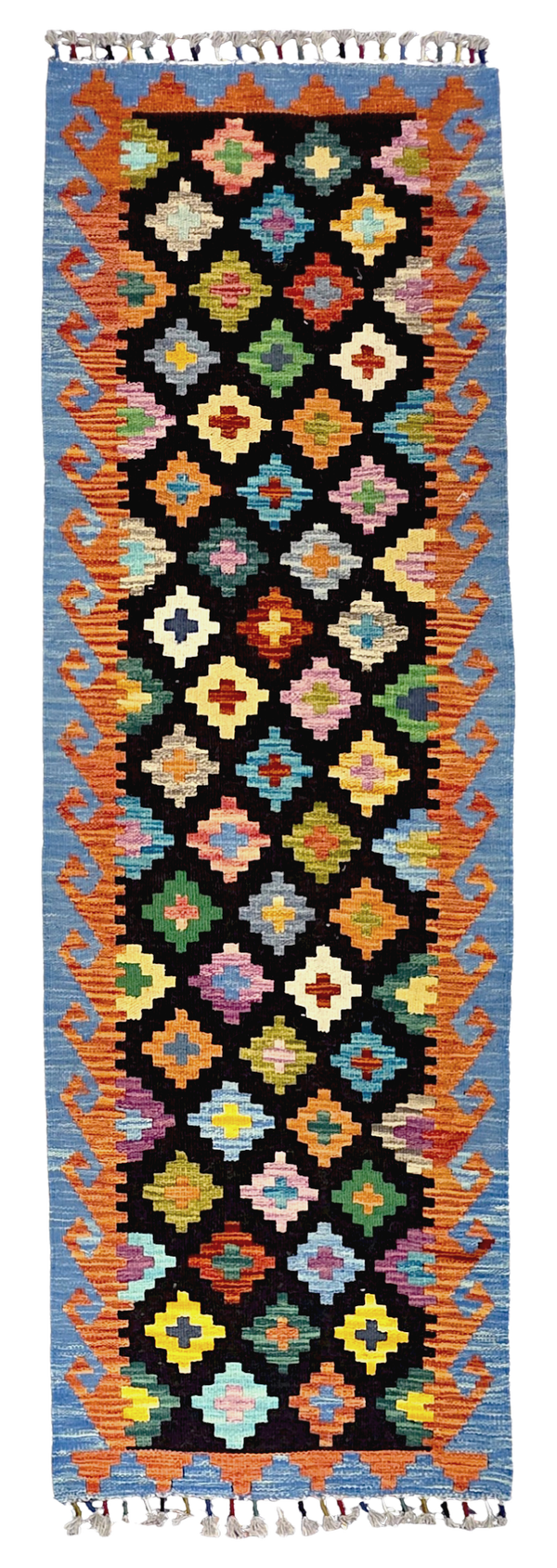 Tapis Kilim de couloir 203x68 multicolore tissé main de 100% laine