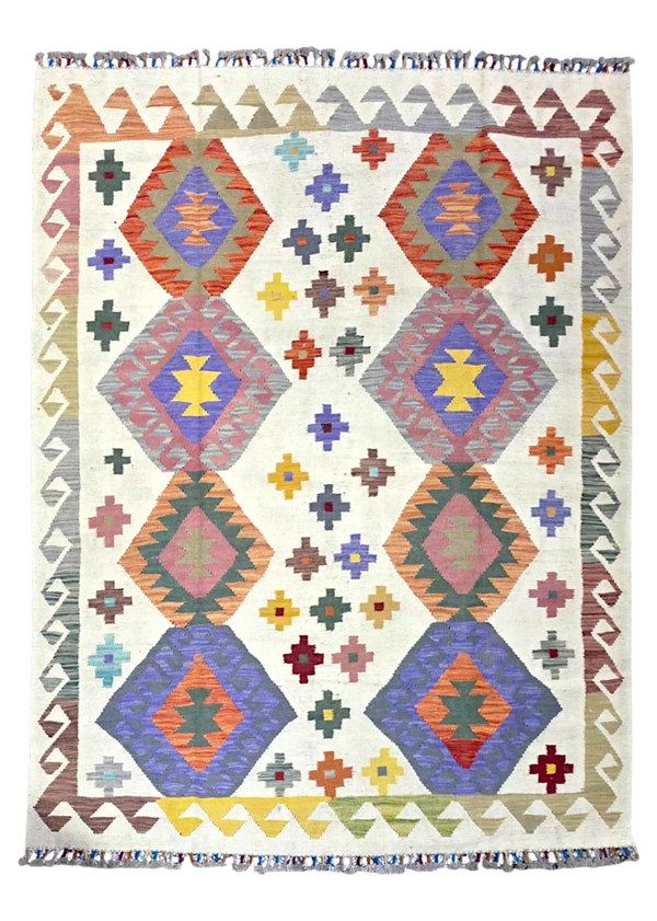 Tapis Kilim de chambre 193x147 multicolore tissé main de %100 laine