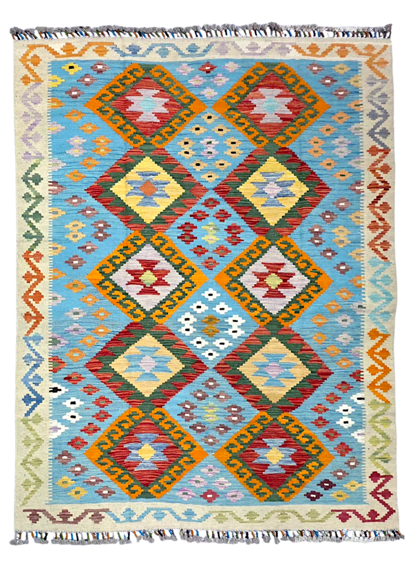 Tapis Kilim de salon 205x157 multicolore tissé main 100% laine