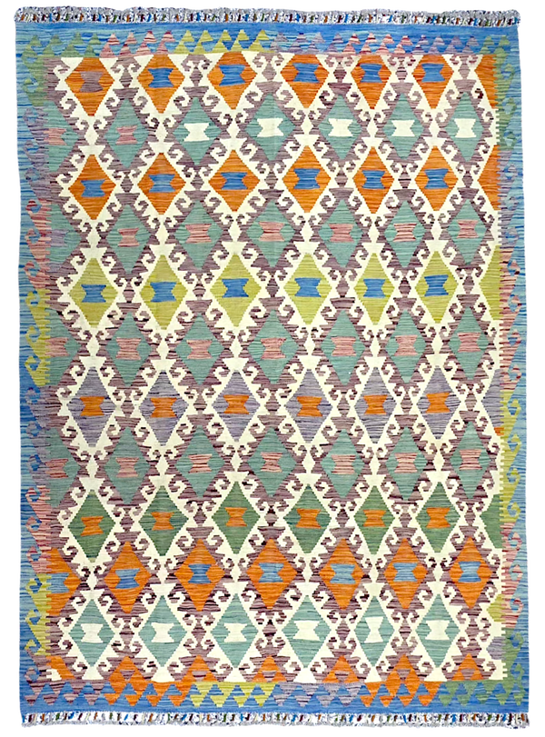 Tapis Kilim de salon 249x186 multicolore tissé main 100% laine