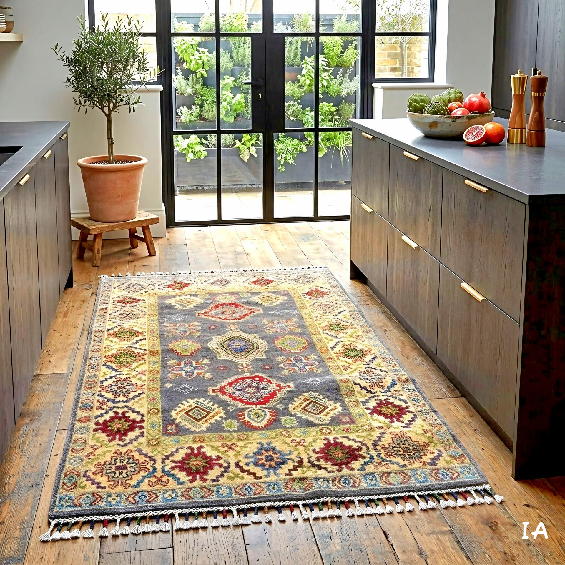Tapis Kazak gris 152x103cm noué à main en laine