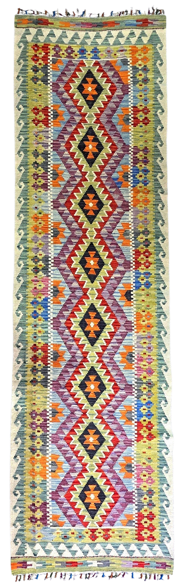 Kilim Afghan old style 296x85 multicolore tissé en laine %100