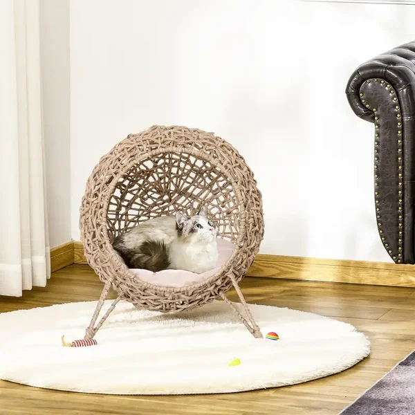 PawHut Rattan Kattenstoel – verhoogde ronde rustplek met kussen 🌿🐱