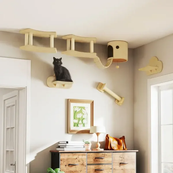 PawHut 5-delige Wand- & Plafond Klimset – met kattenhuis, ladder & platforms 🐾