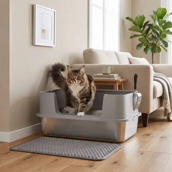 PawHut RVS Kattenbak met Hoge Rand & Uitloopmat – 60 cm 🐾