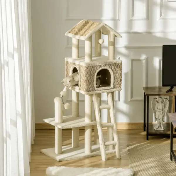 PawHut Kattenhuis Krabboom 131 cm – met dakje, ladder & speelballen 🏡🐾
