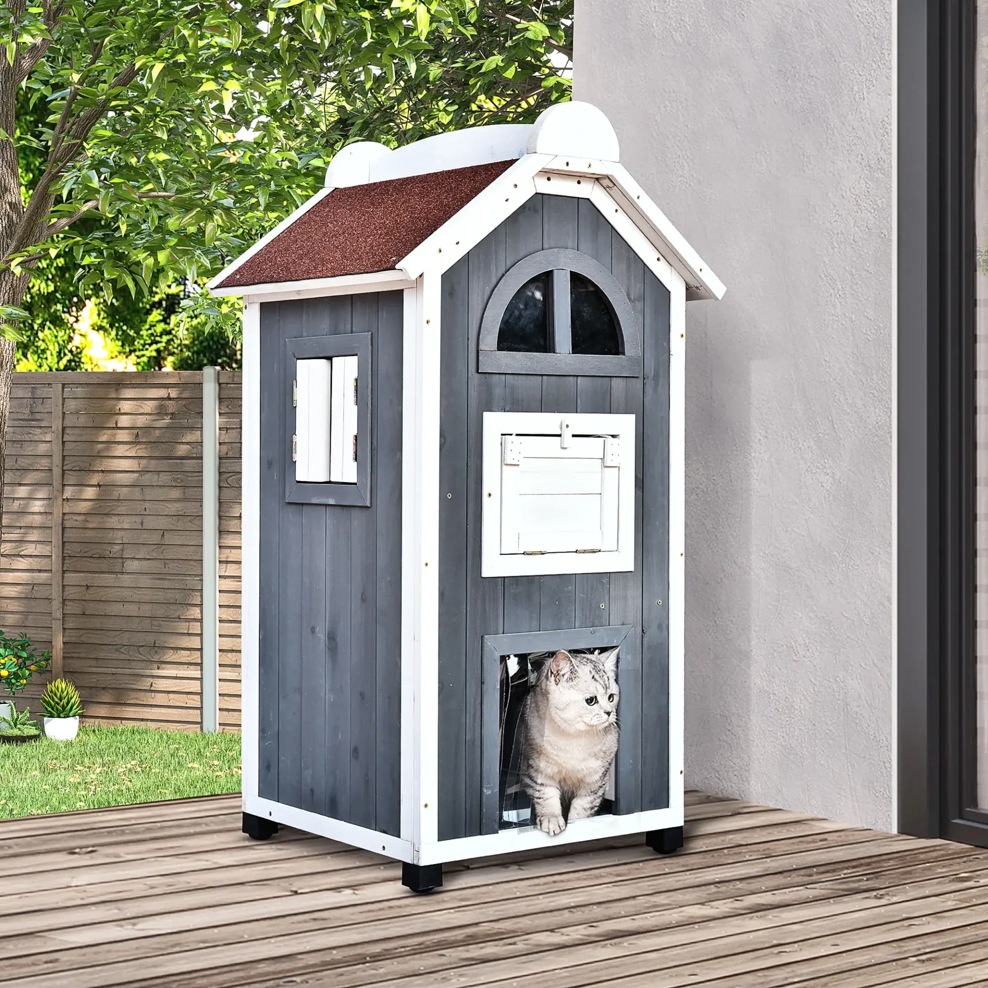 PawHut Outdoor Kattenhuis met Balkon, Trap & Hangmat – 109 cm 🏡🐾