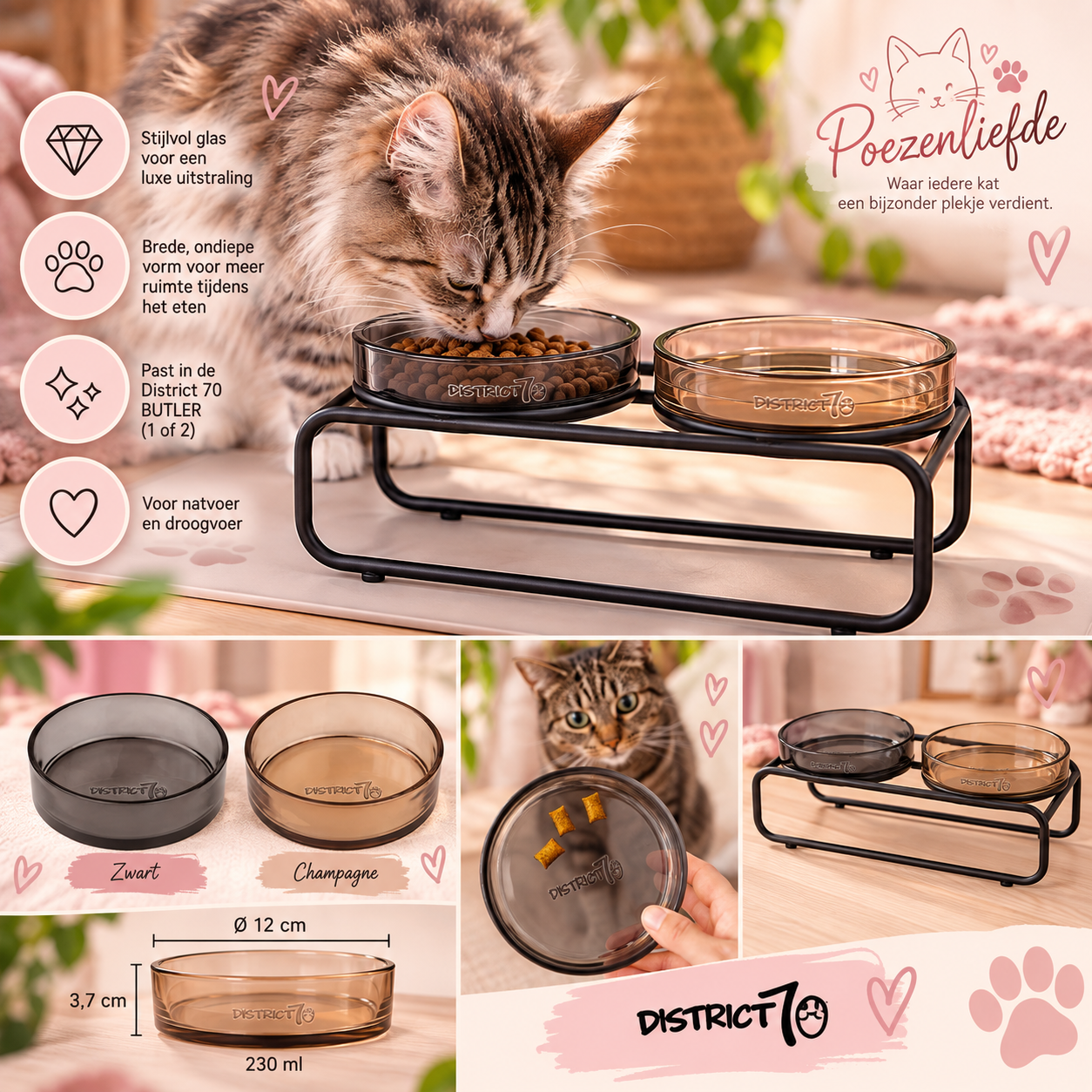 District 70 DAWN Glazen Kattenvoerbak – 230 ml