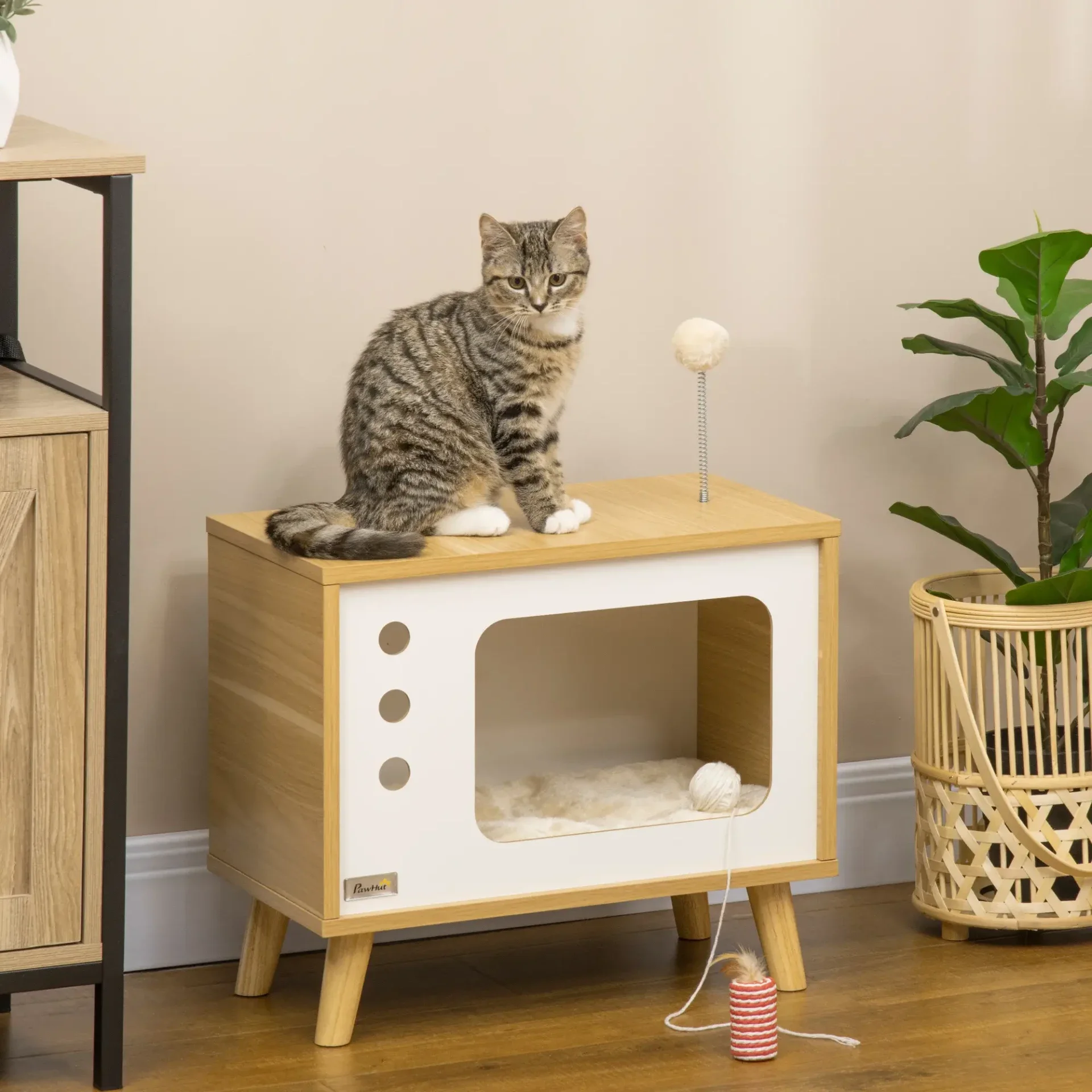 PawHut Retro TV Kattenhuis – slapen met je eigen kattenzender 📺🐱