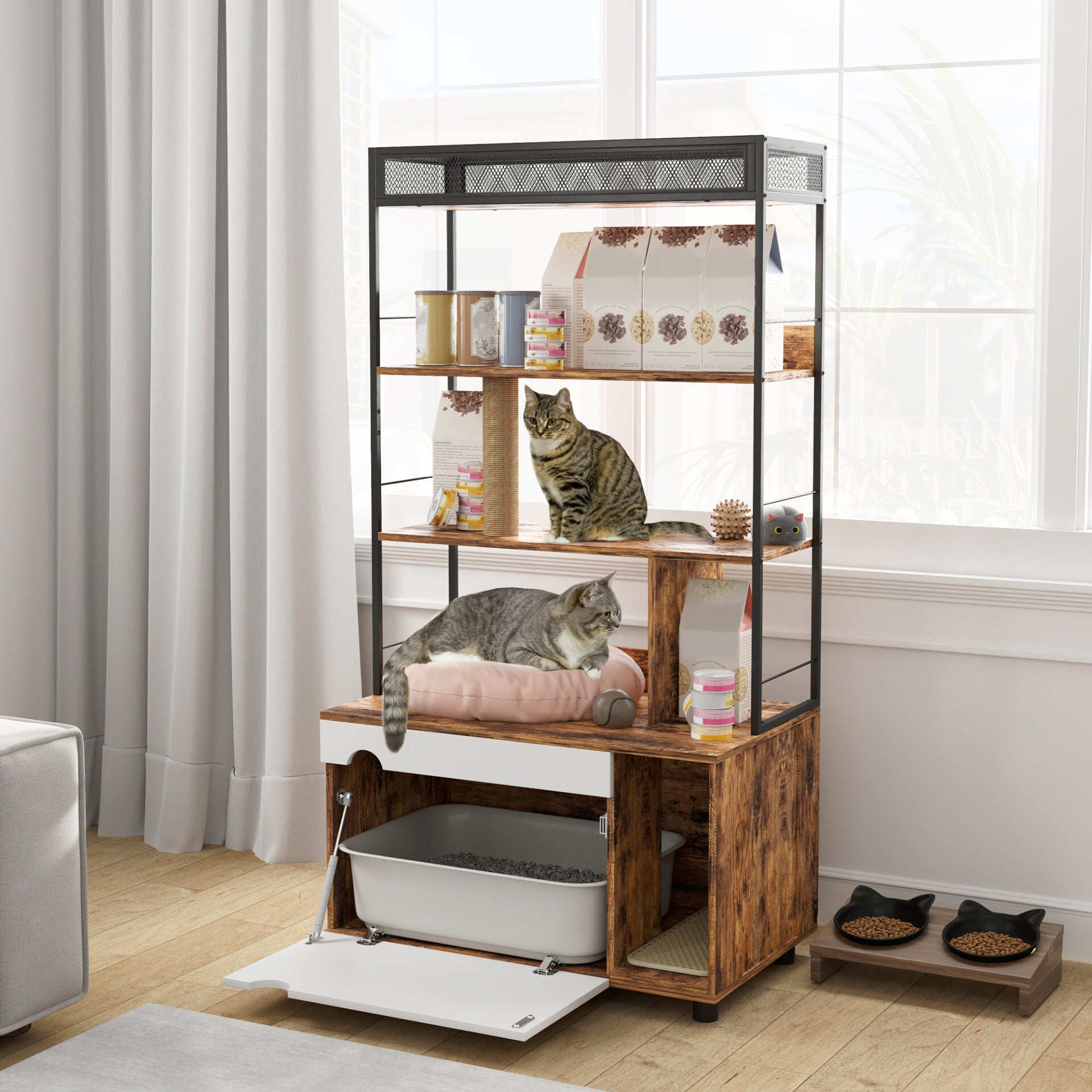 PawHut Kattenbakkast met 3 Etages & Krabpaal – Rustiek Bruin