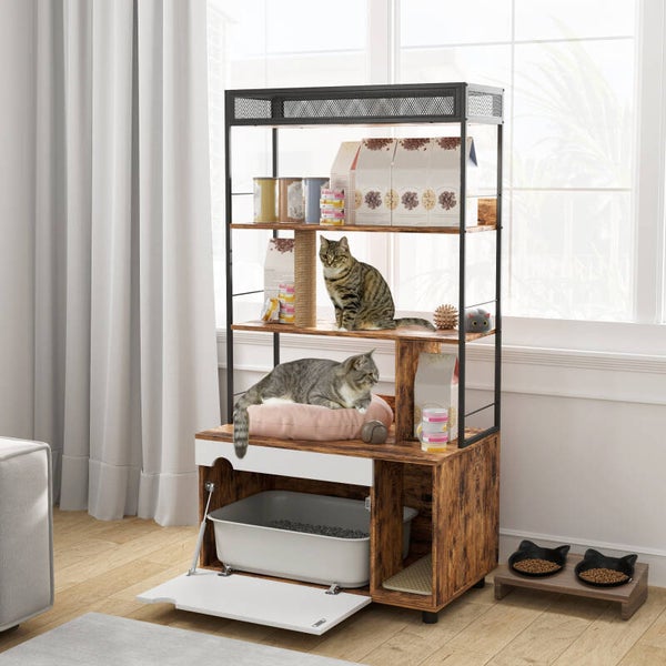 PawHut Kattenbakkast met 3 Etages & Krabpaal – Rustiek Bruin