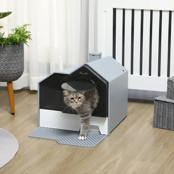 PawHut Kattenbak Huisje met Schoorsteen – Grijs 🏠🐱