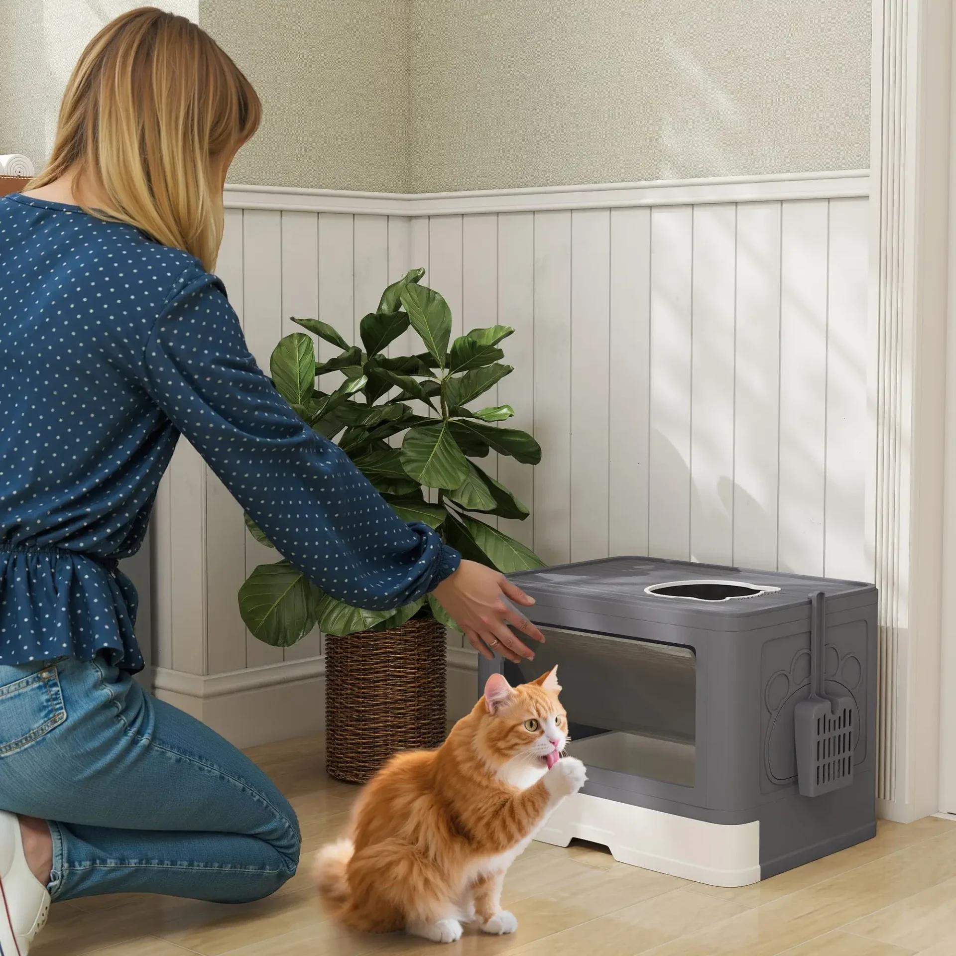 PawHut Kattenbak met Vooringang & Bovenuitgang – Grijs/Wit 🐾