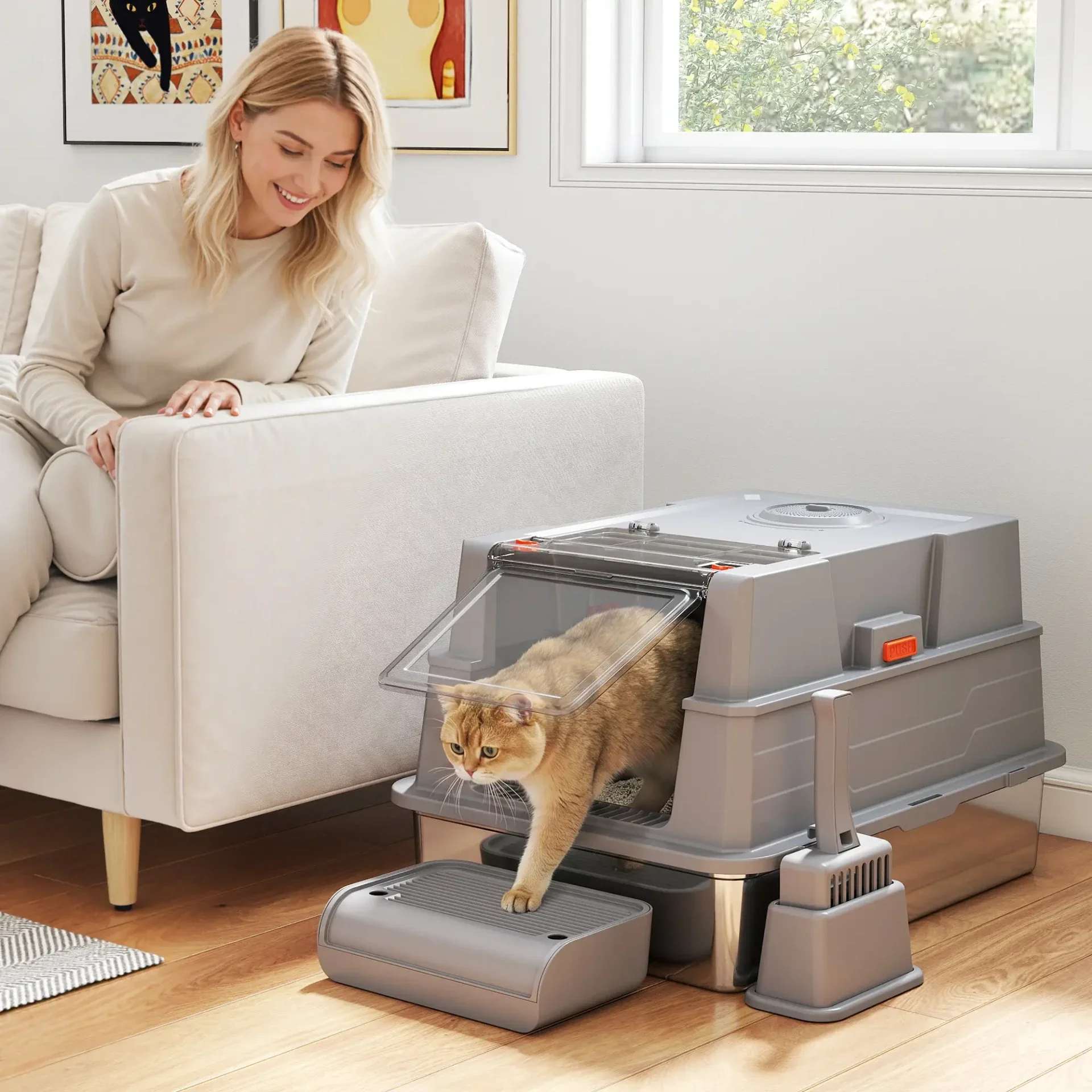 PawHut XXL RVS Kattenbak 130 L met 180° Klapkap – 70 cm 🐱