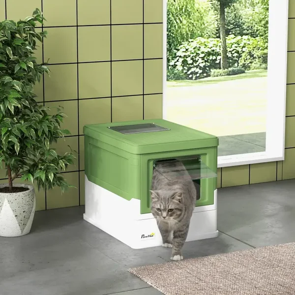 PawHut Opvouwbare Kattenbak met Vooringang & Bovenuitgang – Wit/Groen 🌿🐱