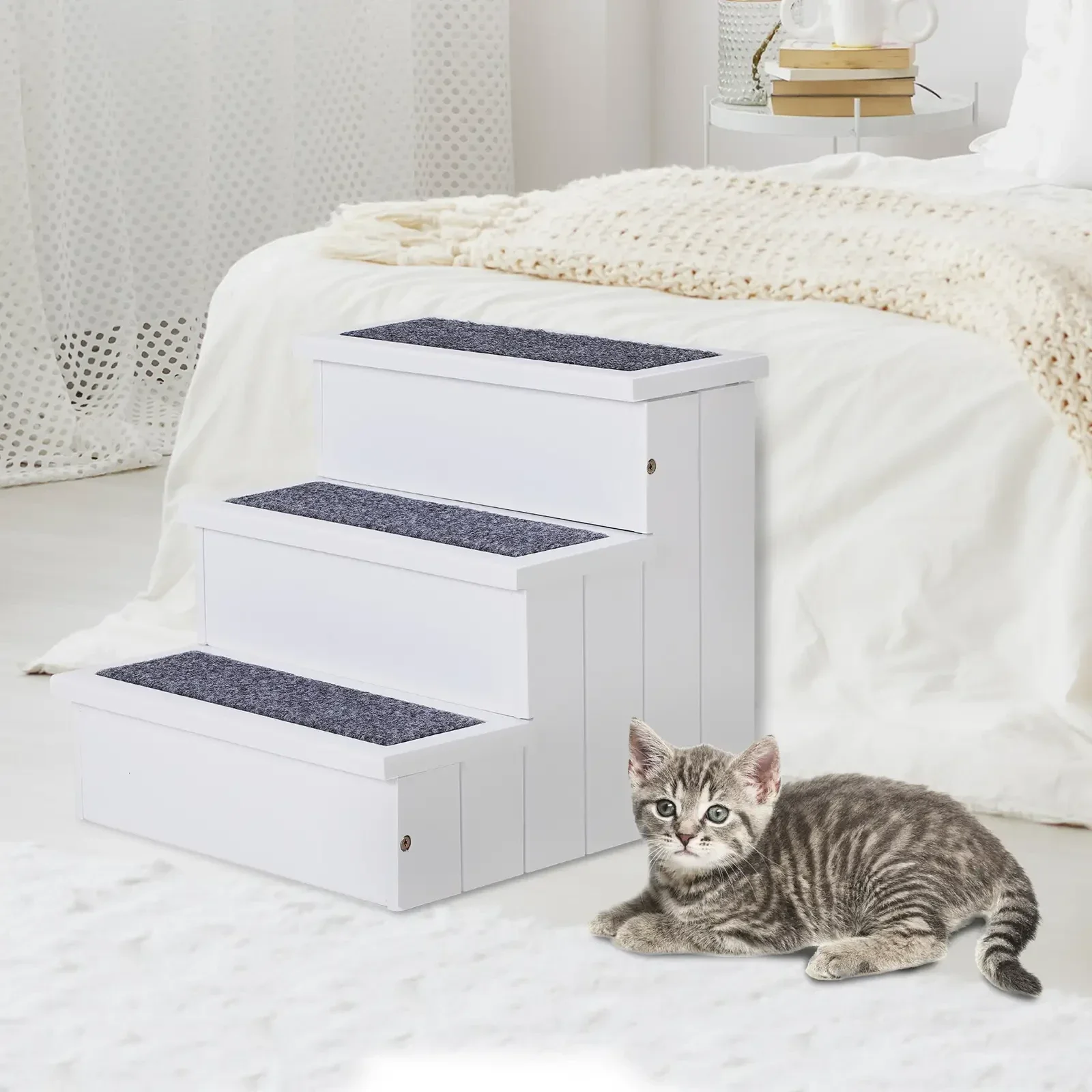 PawHut Houten Kattentrap met Opbergruimte – Wit