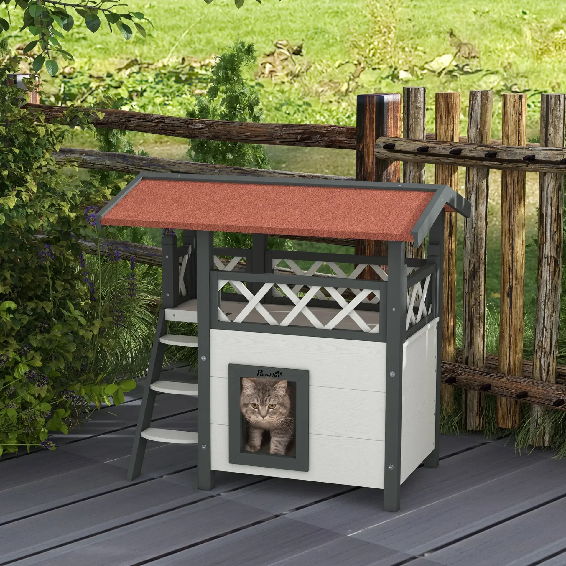 PawHut Outdoor Kattenhuis met Dakterras & Trap 🏡🐾