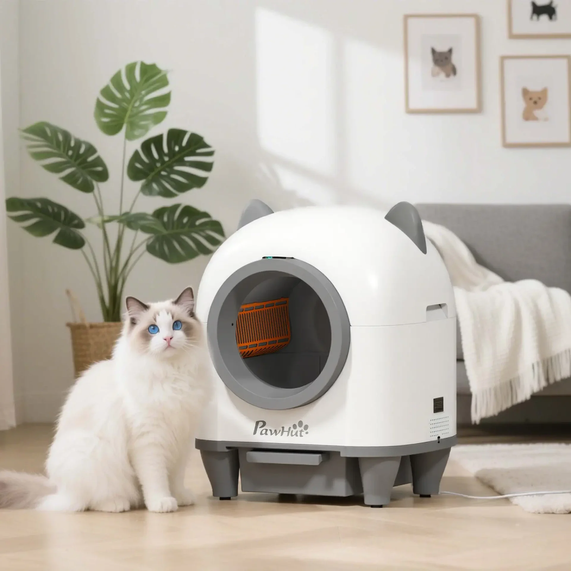 PawHut Automatische Kattenbak 80L – Wit/Grijs