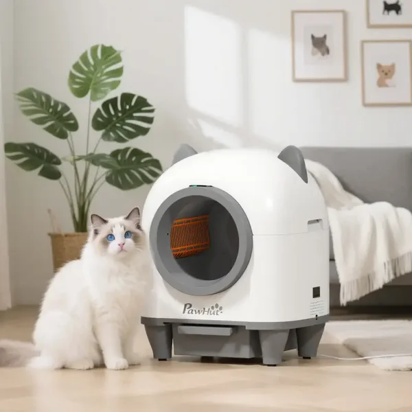 PawHut Automatische Kattenbak 80L – Wit/Grijs