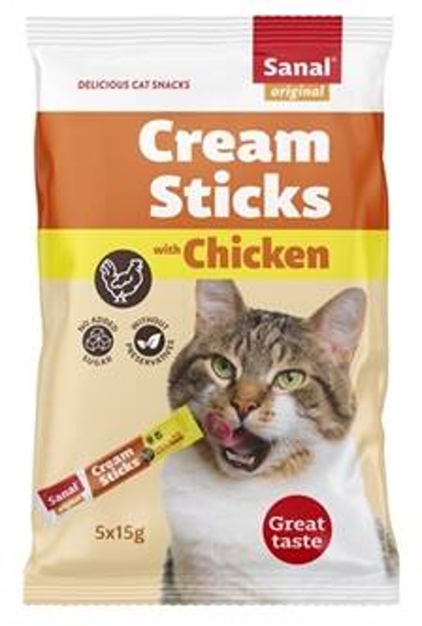 Sanal Cream Sticks Kip – romige kattensnack – 5 × 15 g