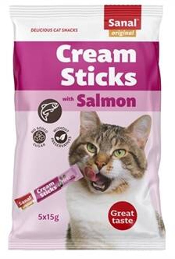 Sanal Cream Sticks Zalm – romige kattensnack – 5 × 15 g