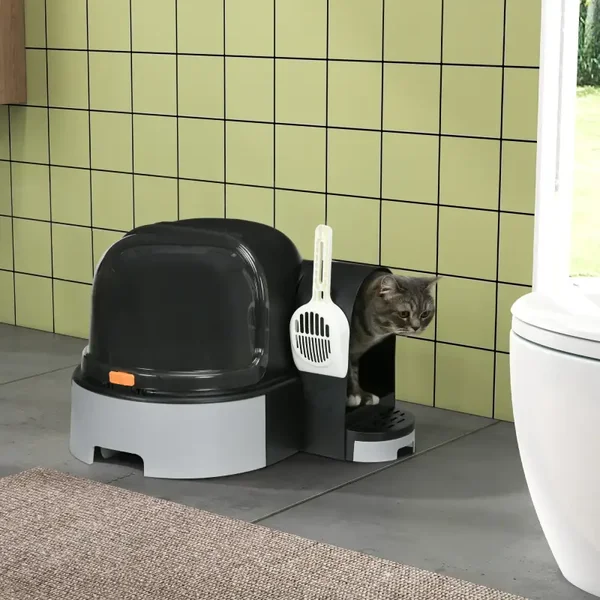 PawHut Gesloten Kattenbak met Dubbele Gritopvang – Grijs/Zwart 🐾