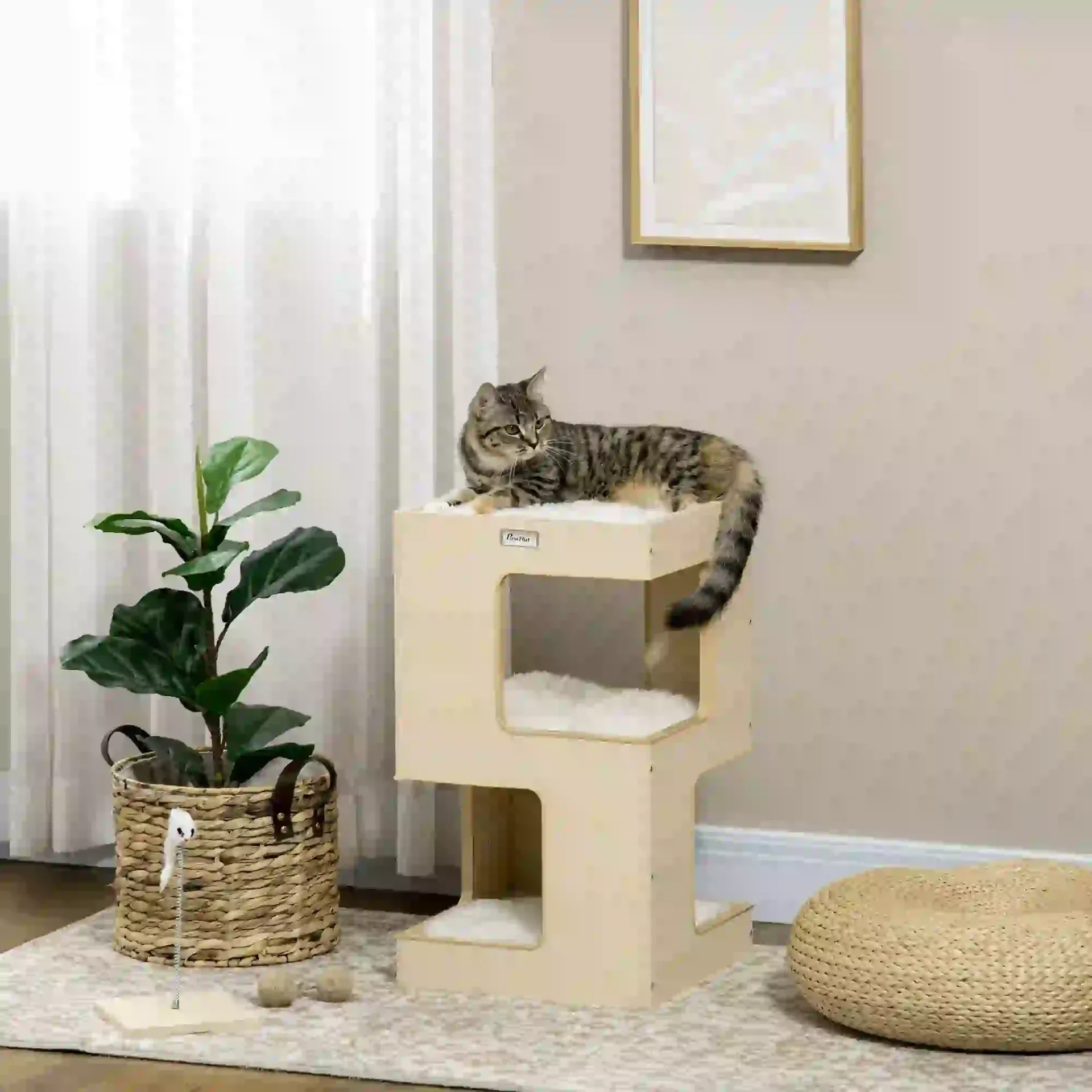 PawHut Kattenrusttoren – 3 ligplekken & speelmuisje 🏠🐱