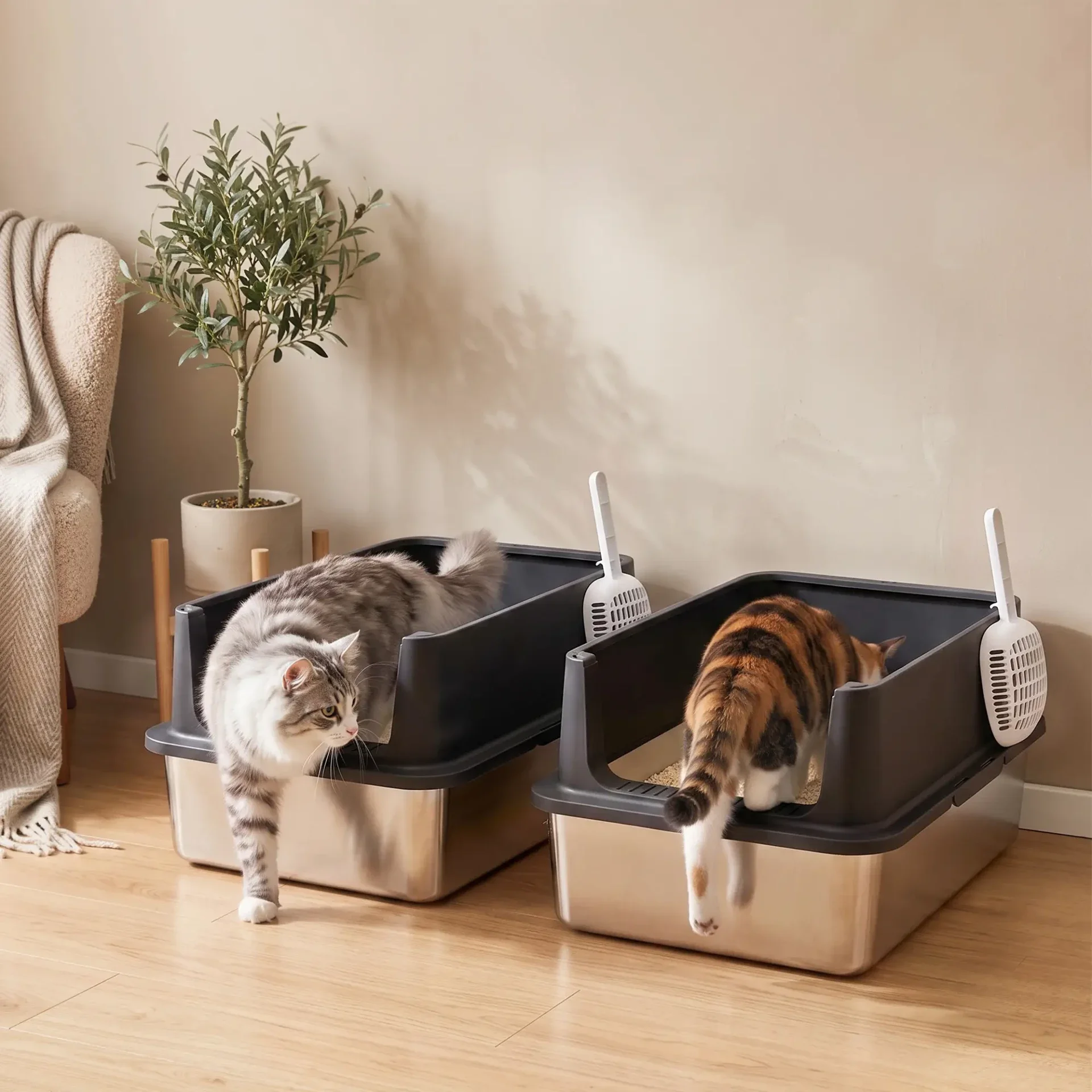 PawHut 2-Pack XL RVS Kattenbakken met Hoge Rand – 60 cm 🐱🐱