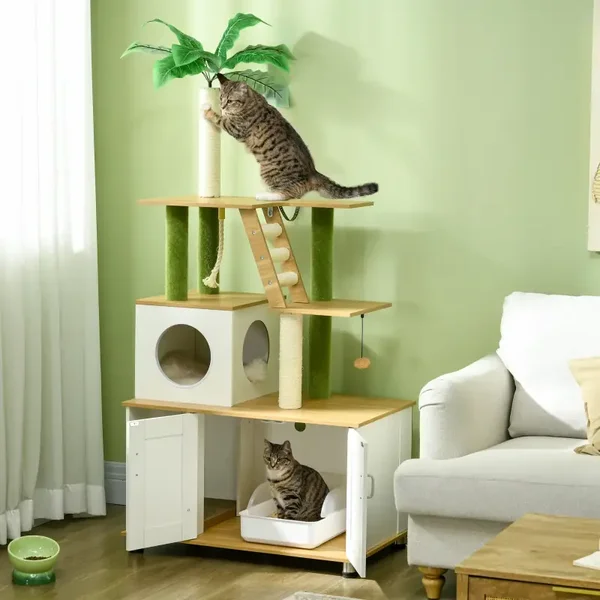 PawHut 2-in-1 Krabboom 160 cm – met kattenbakmeubel & palmboom 🌴🐾