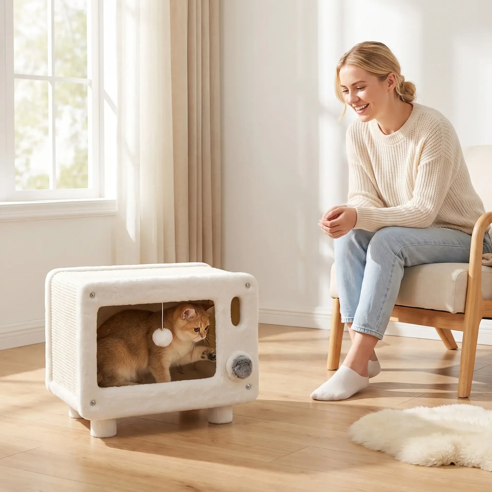 PawHut TV Kattenhuis – met hangmat, krabmat & speelbal 📺🐱