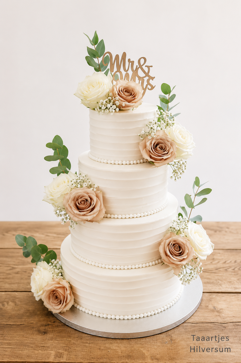 4 laagse bruidstaart afgesmeerd met creme en beige witte rozen