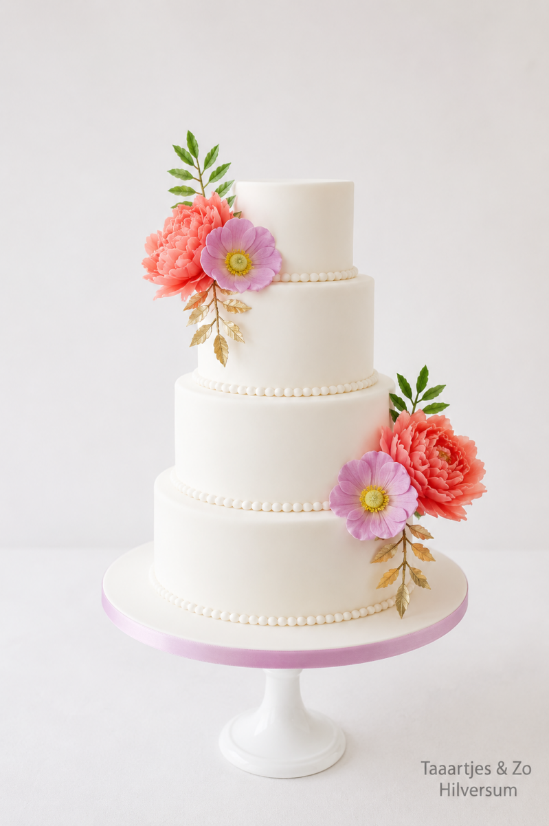 4 laagse bruidstaart met lichte handgemaakte bloemen