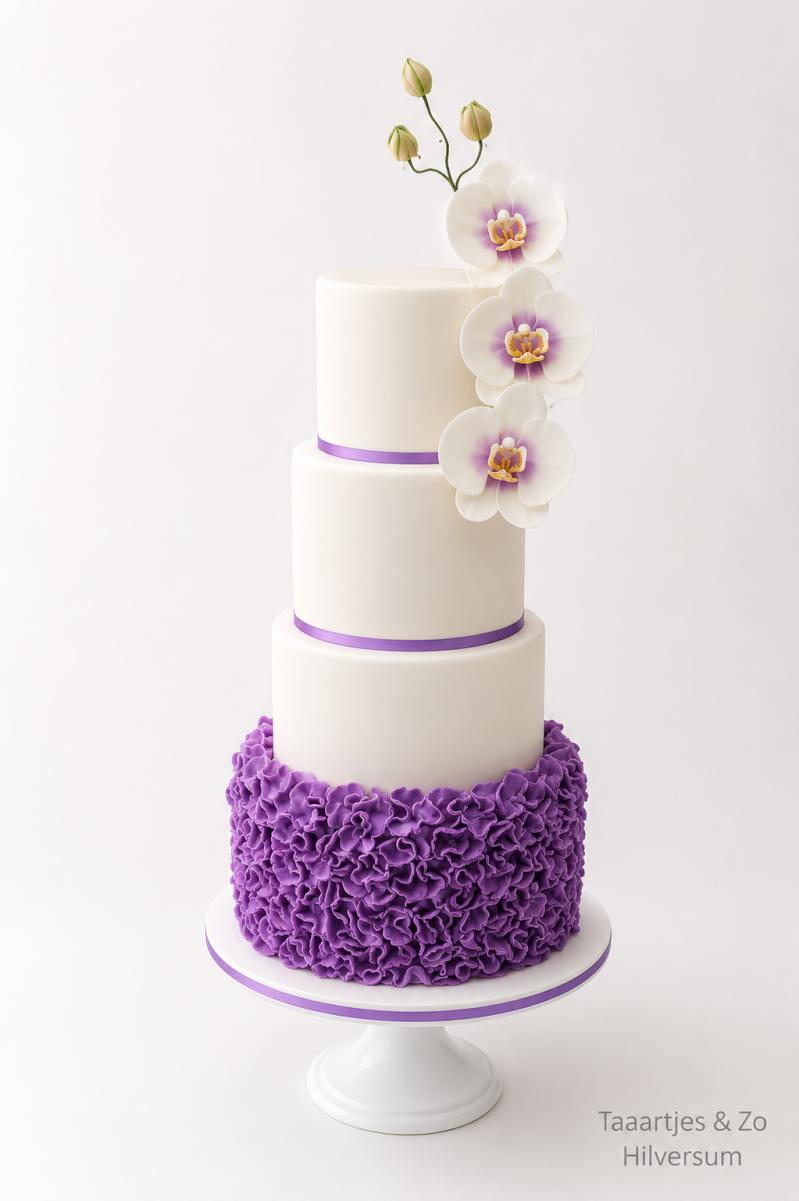 4 laagse hoge bruidstaart met paarse ruffles en handgemaakte orchideeen