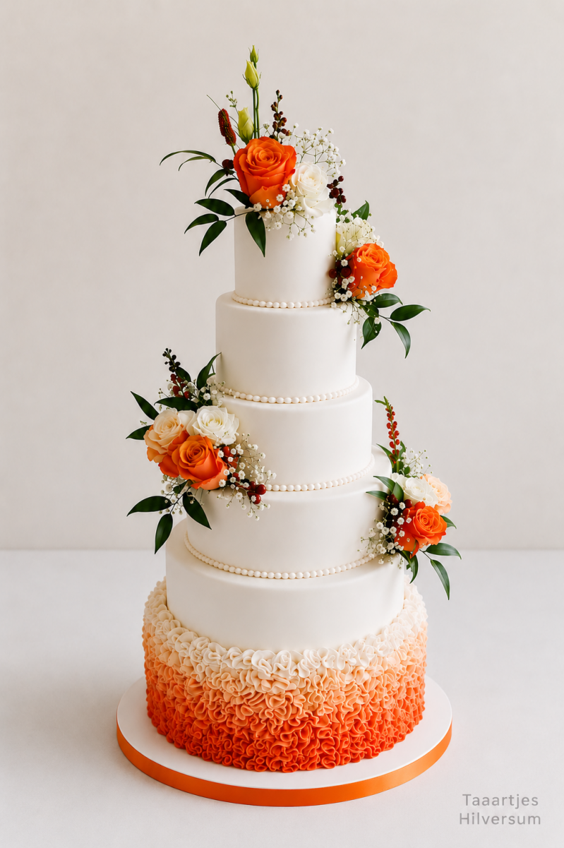 5 laagse bruidstaart met ombrre ruffles en oranje en witte bloemen