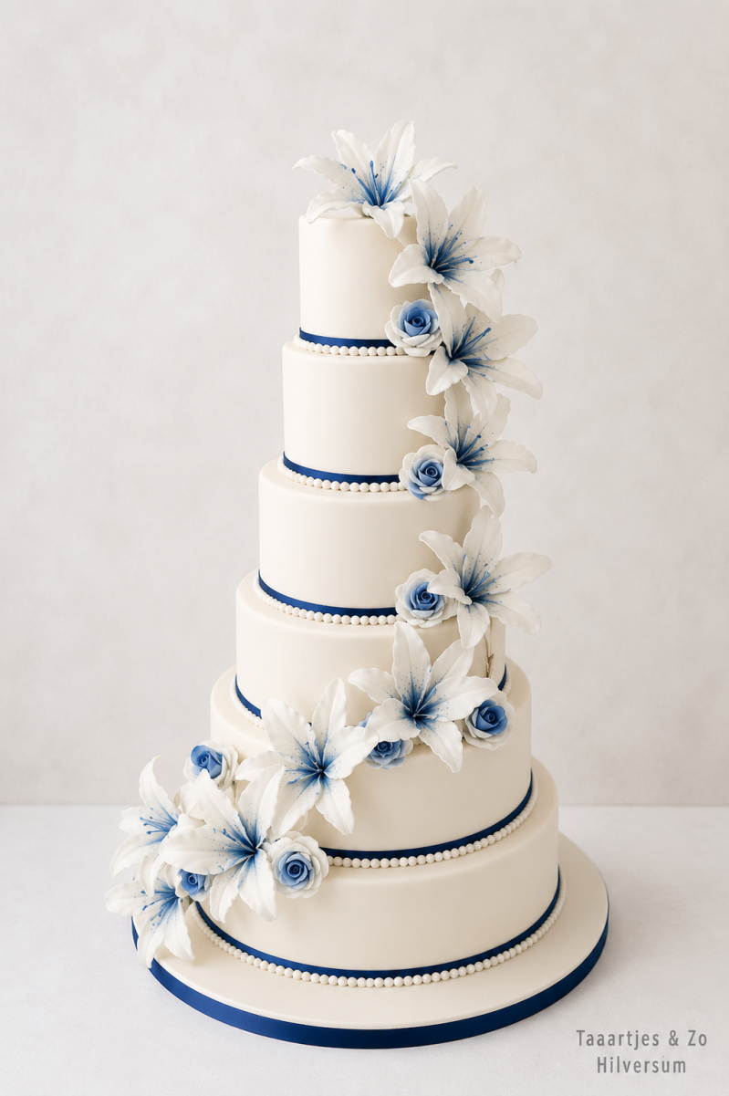 6 laagse bruidstaart met handgemaakte leliers met donkerblauw