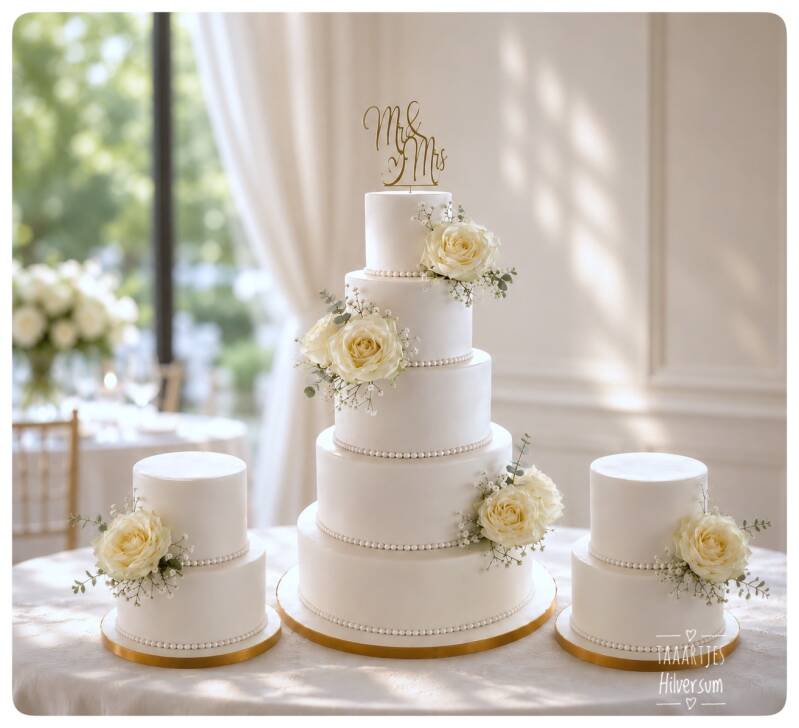 Grote witte bruidstaart met 2 aansnijdtaarten 