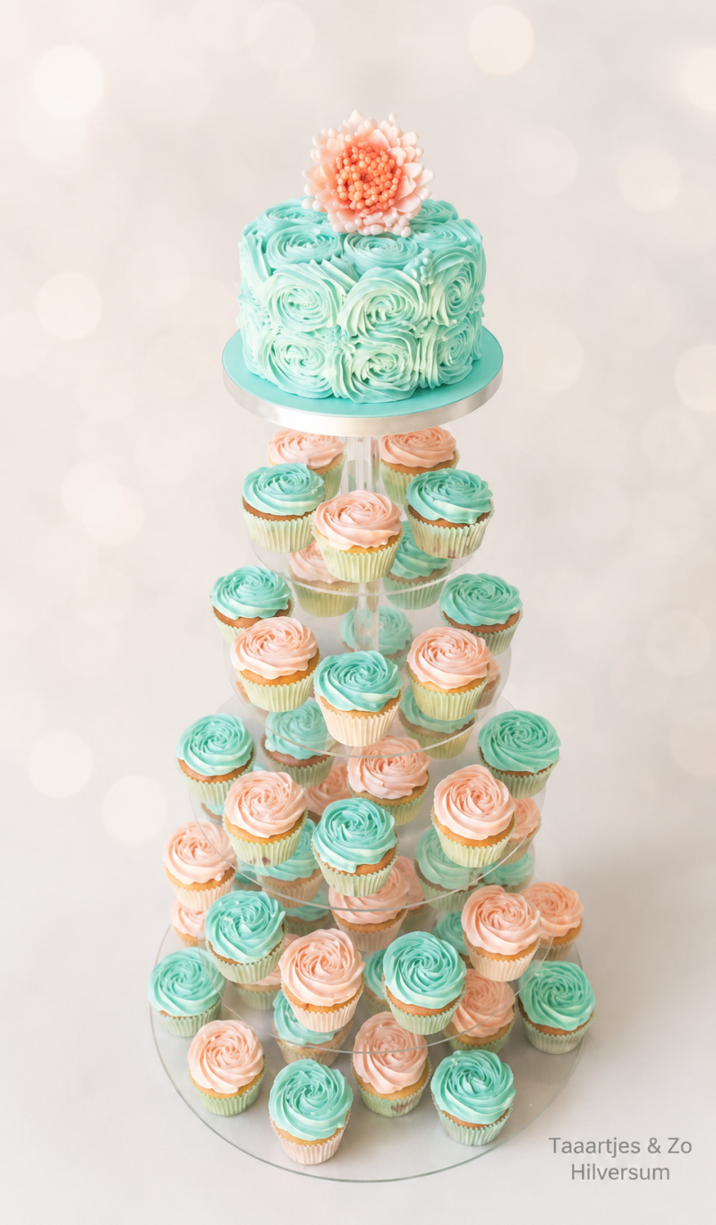aansnijdtaartje met cupcakes op standaard