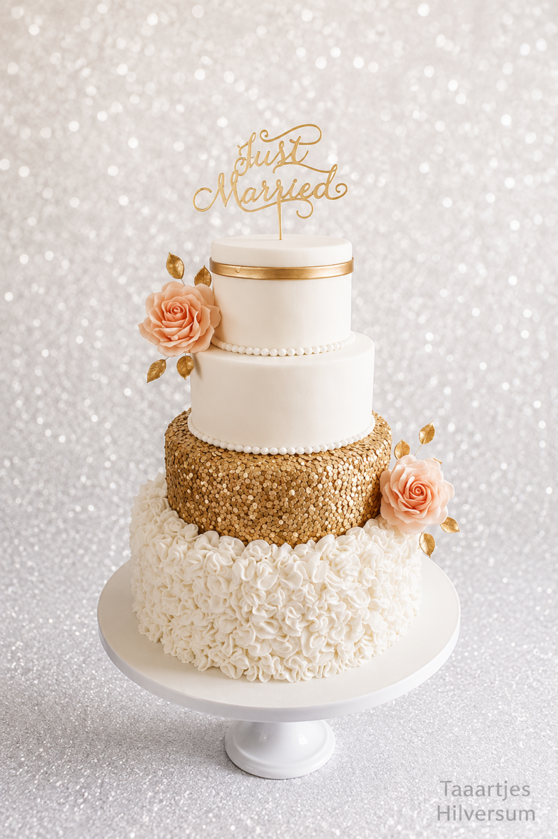 Romantische bruidstaart met goud en zalm