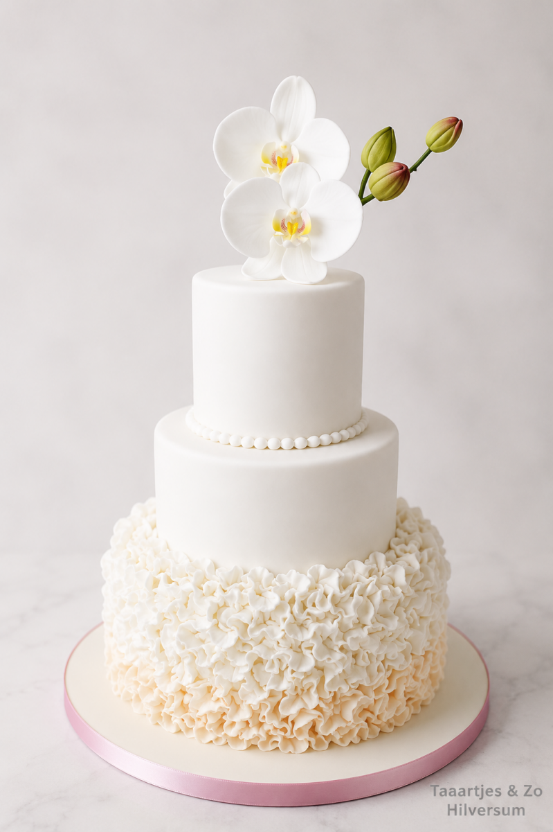 bruidstaart met ruffles en handgemaakte orchideeen