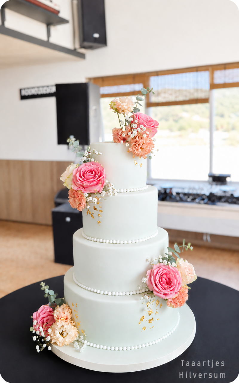 bruidstaart ombre met echte bloemen petten aan zee