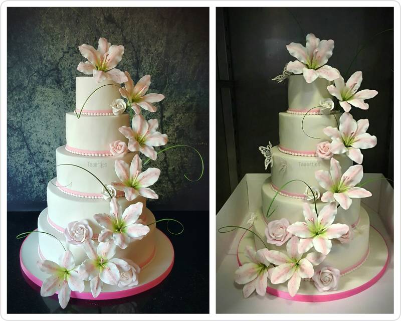 Prachtige witte bruidstaart met handgemaakte lelies / Wedding Cake Taaartjes Hilversum