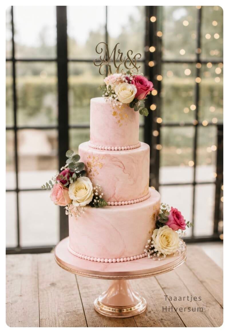 chique marmer bruidstaart met echte bloemen