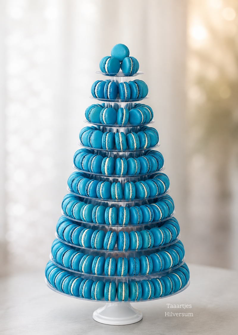 donkerblauwe macarons op macarontoren