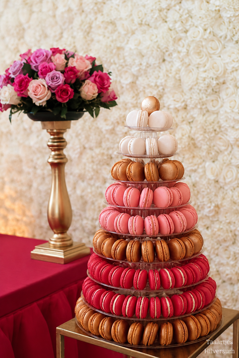 goud rood roze en witte macarontoren