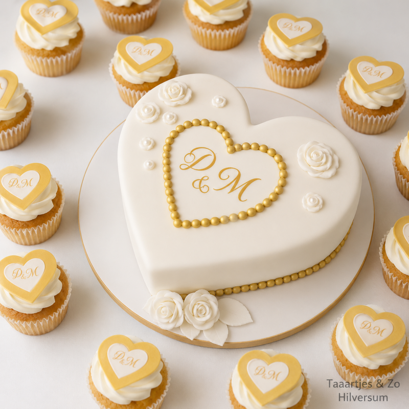 hartvormige bruidstaart met cupcakes