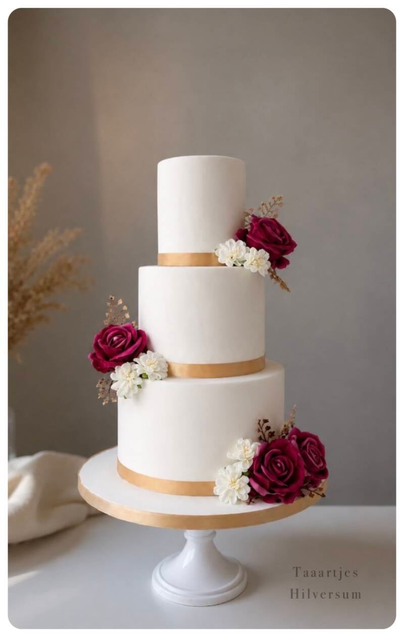 Romantische elegante bruidstaart met rode rozen en wit en goud accenten 