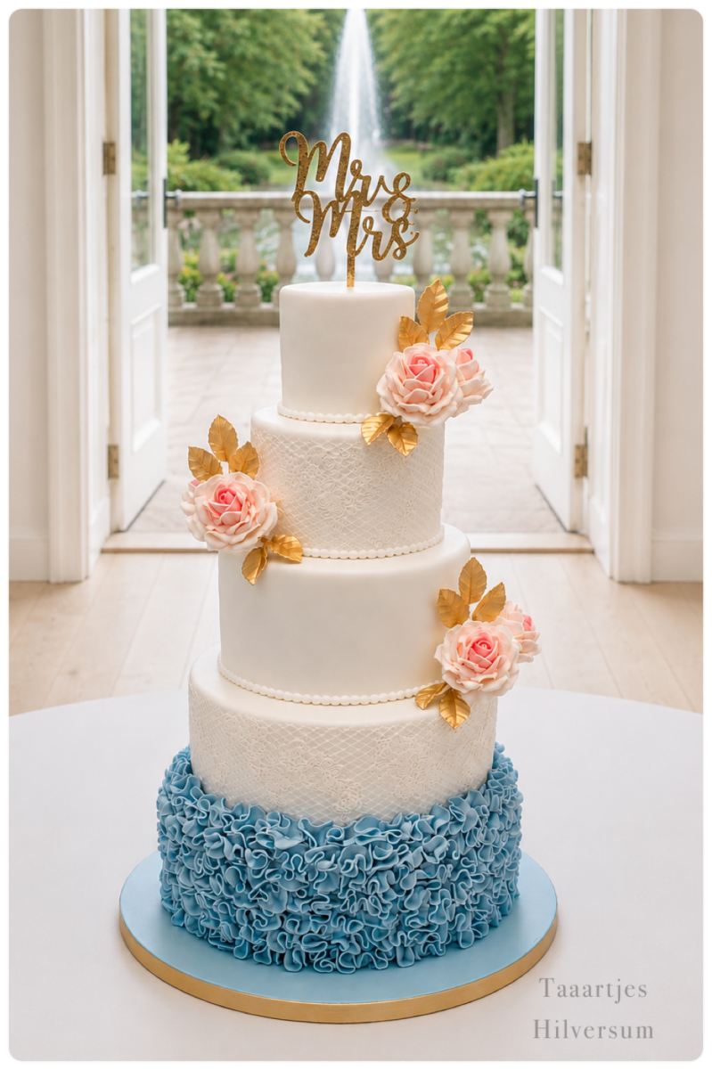 Romantische Bruidstaart bekleed met fondant met blauw roze Kasteel de hooge vuursche Taaartjes Hilversum