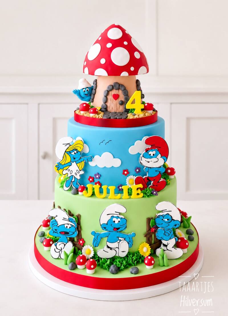 Vrolijke Smurfentaart met paddenstoel