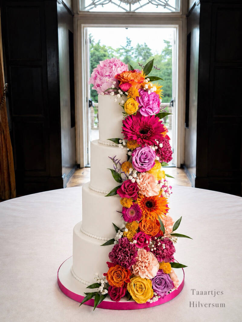 Een prachtige bruidstaart met een bloemenzee aan kleurrijke bloemen 